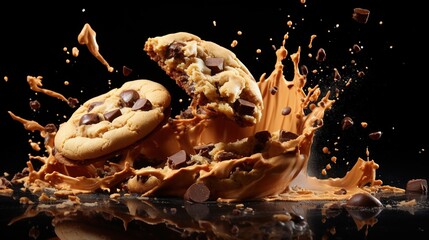  chocolate chip cookies are falling into a puddle of chocolate chips.  generative ai