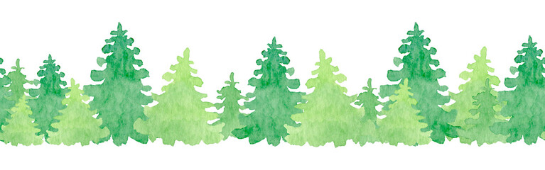 Watercolor forest seamless border with abstract spruce. Hand drawn Christmas tree illustration for cards, invitations, decorations.