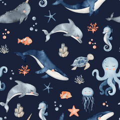 Underwater Animals seamless pattern. Cute undersea endless line with whale, orca, octopus, seahorse, jellyfish, turtle, clownfish, shells, algae, corals and bubbles. Hand drawn watercolor illustration © Daryartsy