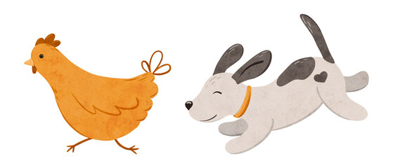 Cute poppy chases the chicken. Digital hand drawn illustration with little Dog and poultry farm animal for textile design, education, baby shower, children prints. Drawing of character in cartoon