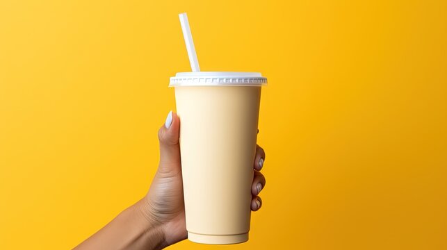  a hand holding a cup of coffee on a yellow background.  generative ai