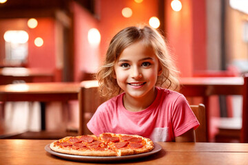 A pretty curly blonde girl eating pizza in italian restaurant. Portrait of child with long blonde hair and a pink t-shirt. Generative Ai.
