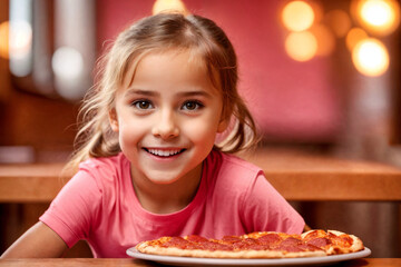 A pretty curly blonde girl eating pizza in italian restaurant. Portrait of child with long blonde hair and a pink t-shirt. Generative Ai.