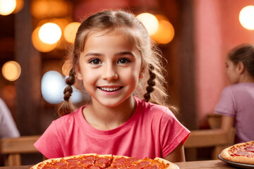 A pretty curly blonde girl eating pizza in italian restaurant. Portrait of child with long blonde hair and a pink t-shirt. Generative Ai.