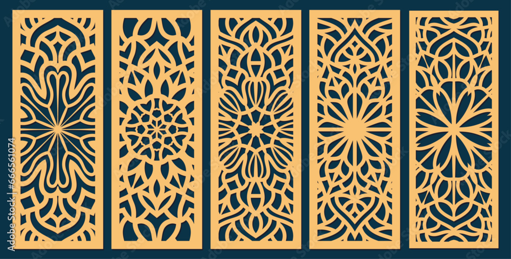 Wall mural Big set of vertical panels, gratings. Abstract ornament, geometric, classic, oriental pattern, floral and plant motifs. Template for plotter laser cutting of paper, metal engraving, wood carving, cnc.