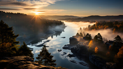 Sunrise Sunset Over Misty Landscape. Scenic View Of Foggy Morning Sky With Rising Sun Above Misty...