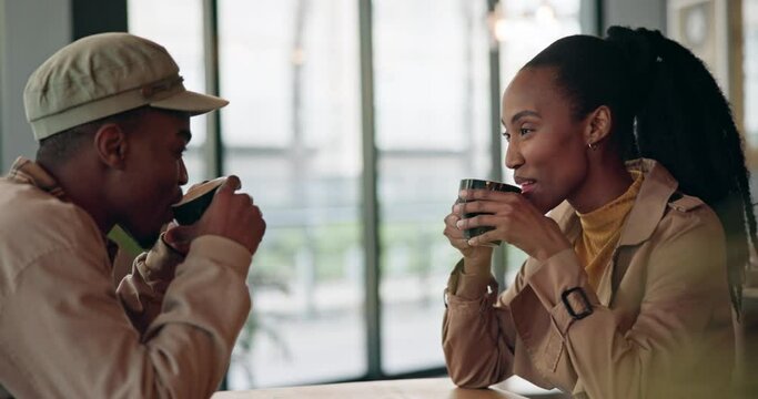 Couple, coffee and drinking with communication at cafe, restaurant or diner for bond, care or love. Black people, man and woman with tea on a weekend for break, conversation and talking for date