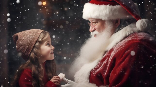 Little girl engaging in a delightful conversation with Santa Claus. Magical moment for kids and children in Christmas season embodying the spirit of the holiday season.