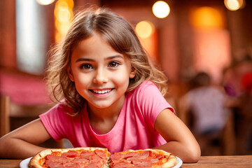 A pretty curly blonde girl eating pizza in italian restaurant. Portrait of child with long blonde hair and a pink t-shirt. Generative Ai.