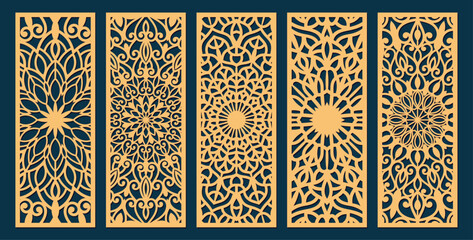 Big set of vertical panels, gratings. Abstract ornament, geometric, classic, oriental pattern, floral and plant motifs. Template for plotter laser cutting of paper, metal engraving, wood carving, cnc. - obrazy, fototapety, plakaty