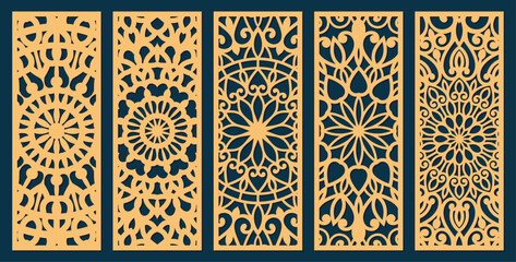 Set of laser cut templates with geometric pattern. For metal cutting, wood carving, panel decor, paper art, stencil or die for fretwork, card background design. Vctor illustration	 - obrazy, fototapety, plakaty