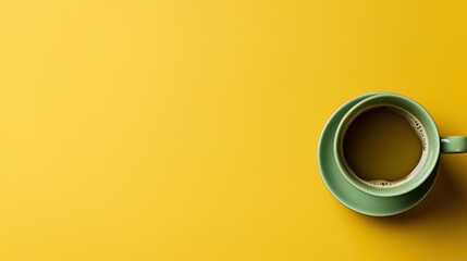 minimalist yellow background with a Tea cup, cappuccino, coffee , top view with empty copy space - obrazy, fototapety, plakaty