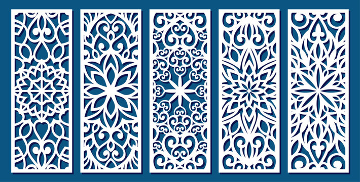 Big set of vertical panels, gratings. Abstract ornament, geometric, classic, oriental pattern, floral and plant motifs. Template for plotter laser cutting of paper, metal engraving, wood carving, cnc.