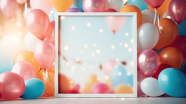  a picture frame surrounded by balloons in a room with a sky background.  generative ai