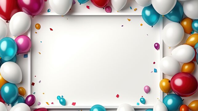  a white square frame surrounded by balloons and confetti.  generative ai
