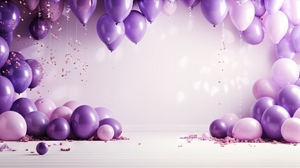  a bunch of purple balloons floating in the air with confetti on them.  generative ai