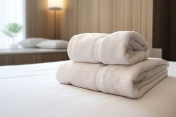 Fototapeta na wymiar Fresh Towels Arranged On Hotel Room Bed