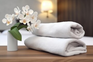 Fototapeta na wymiar Fresh Towels And Flower Arrangement In Hotel Room