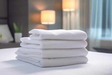 Fototapeta na wymiar Fresh Towels Arranged On Hotel Room Bed