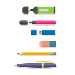 Pens and pencils set. Isolated ballpoint, marker, drawing pencil icon collection. Business office or school education stationery vector illustration
