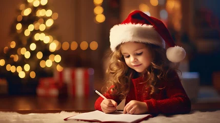 Fotobehang Cute little girl is writing wishlist letter to Santa Claus. She is near beautifully decorated Christmas tree, surrounded by a warm and festive twinkling lights holiday ambiance. Children happiness. © TensorSpark