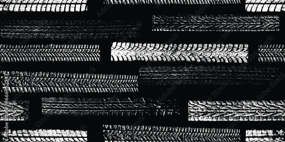 Poster Tire track seamless pattern. Grange tread marks .Grunge textured vector car tread . Car trails endless pattern texture. Tyre track seamless texture. Wheel tire tread track background