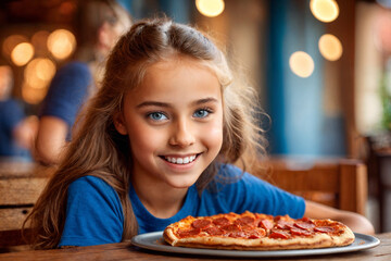 Girl eating pizza at cafe, unhealthy food, blue t-shirt. Generative Ai.