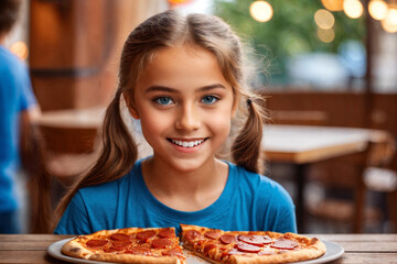 Girl eating pizza at cafe, unhealthy food, blue t-shirt. Generative Ai.
