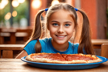 Girl eating pizza at cafe, unhealthy food, blue t-shirt. Generative Ai.