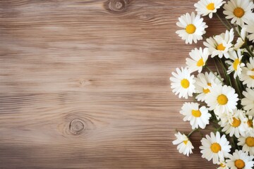 White daisy flowers gypsophila on wood table with copy space, minimal lifestyle concept