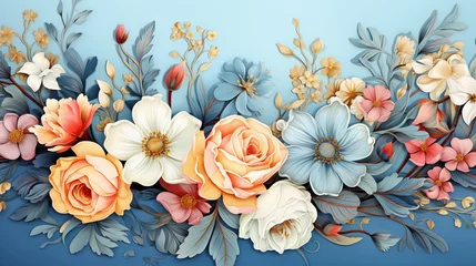 Meubelstickers  a painting of a bunch of flowers on a blue background.  generative ai © Shanti