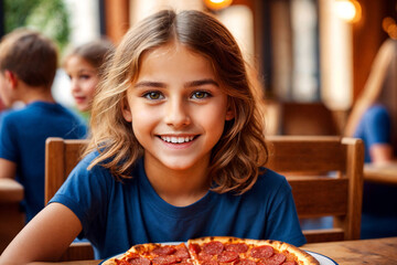 Girl eating pizza at cafe, unhealthy food, blue t-shirt. Generative Ai.