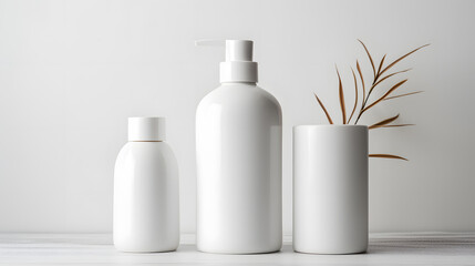 Fototapeta na wymiar White empty cosmetic bottles mock up isolated in modern bathroom interior