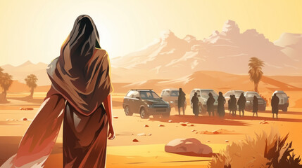 Illustration of a arab woman walking in the desert with camper cars.