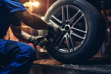 Professional tire repair at a reliable car repair shop with skilled technicians and modern equipment - obrazy, fototapety, plakaty
