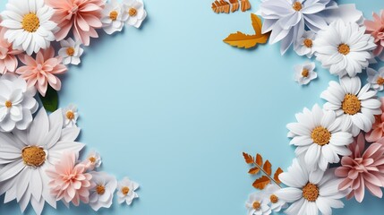 a blue background with white and pink flowers and leaves on it.  generative ai