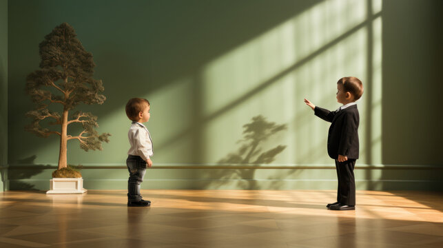 Little boss. Two children, boys, standing in a room with green wall. Genius baby boy.