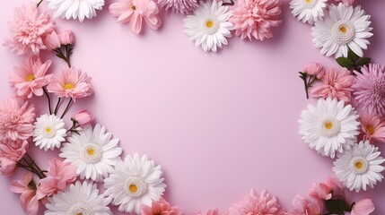  pink and white flowers arranged in a heart shape on a pink background.  generative ai