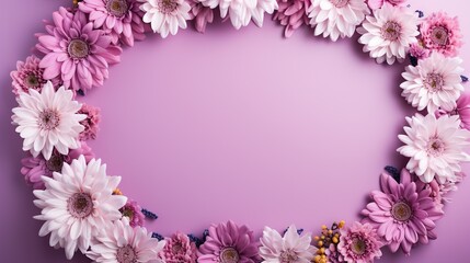  a circle of pink and white flowers on a purple background.  generative ai