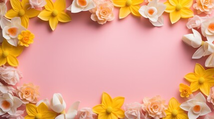  a pink background with white and yellow flowers on it and a pink background.  generative ai