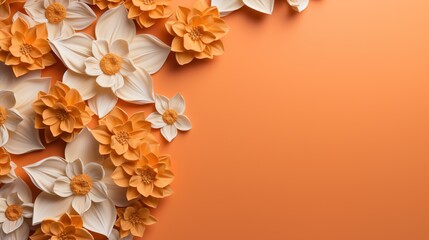  an orange and white background with paper flowers on top of it.  generative ai