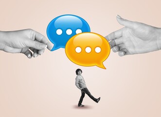 Composite collage of small person and dialogue bubble