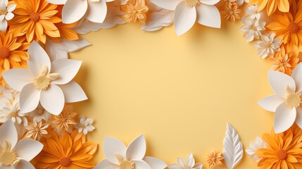Fototapeta na wymiar a yellow background with paper flowers and leaves on it, with a place for a text. generative ai