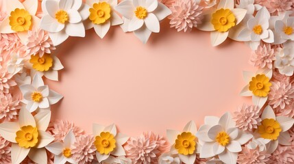 Naklejka na ściany i meble paper flowers arranged in a heart shape on a pink background. generative ai