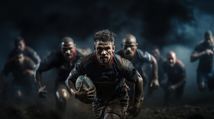 Rugby players in action, motion blur effect. Mixed media.