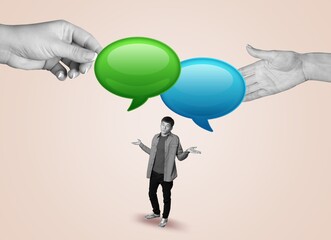 Composite collage of small person and dialogue bubble