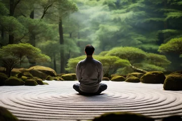  Japanese man meditating in Zen garden. © furyon