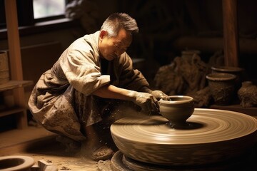 Japanese potter shaping clay on wheel.