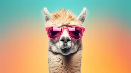 Poster Creative animal concept. Llama in sunglass shade glasses isolated on solid pastel background, commercial, editorial advertisement, surreal surrealism  © Panyamethi
