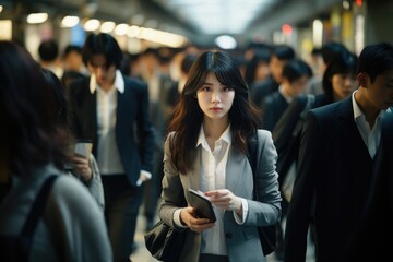 Japanese Office lady navigating in City busy urban life. - obrazy, fototapety, plakaty